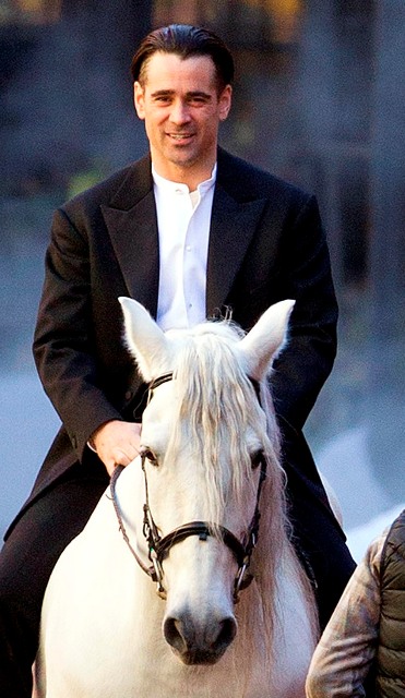 Colin Farrell on a white horse on the set of Winter’s Tale